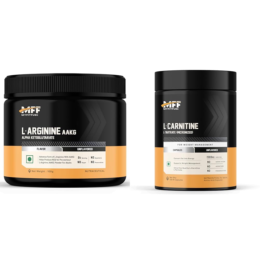 MyFitFuel L Arginine Alpha-Ketoglutarate (AAKG) Pre Workout Powder | 100gm (Unflavoured) | MyFitFuel L-Carnitine L-Tartrate (1500mg) 120 Capsules