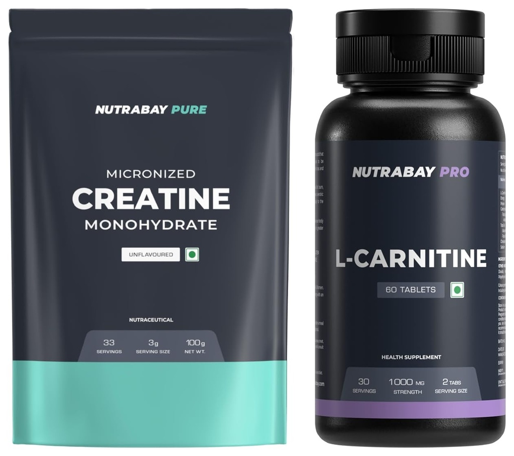 Nutrabay Pro L-Carnitine Fat Burner, Pre Workout Supplement, 1000mg - 60 Veg Tablets & Nutrabay Pure Micronised Creatine Monohydrate Powder, (100g, Unflavoured)