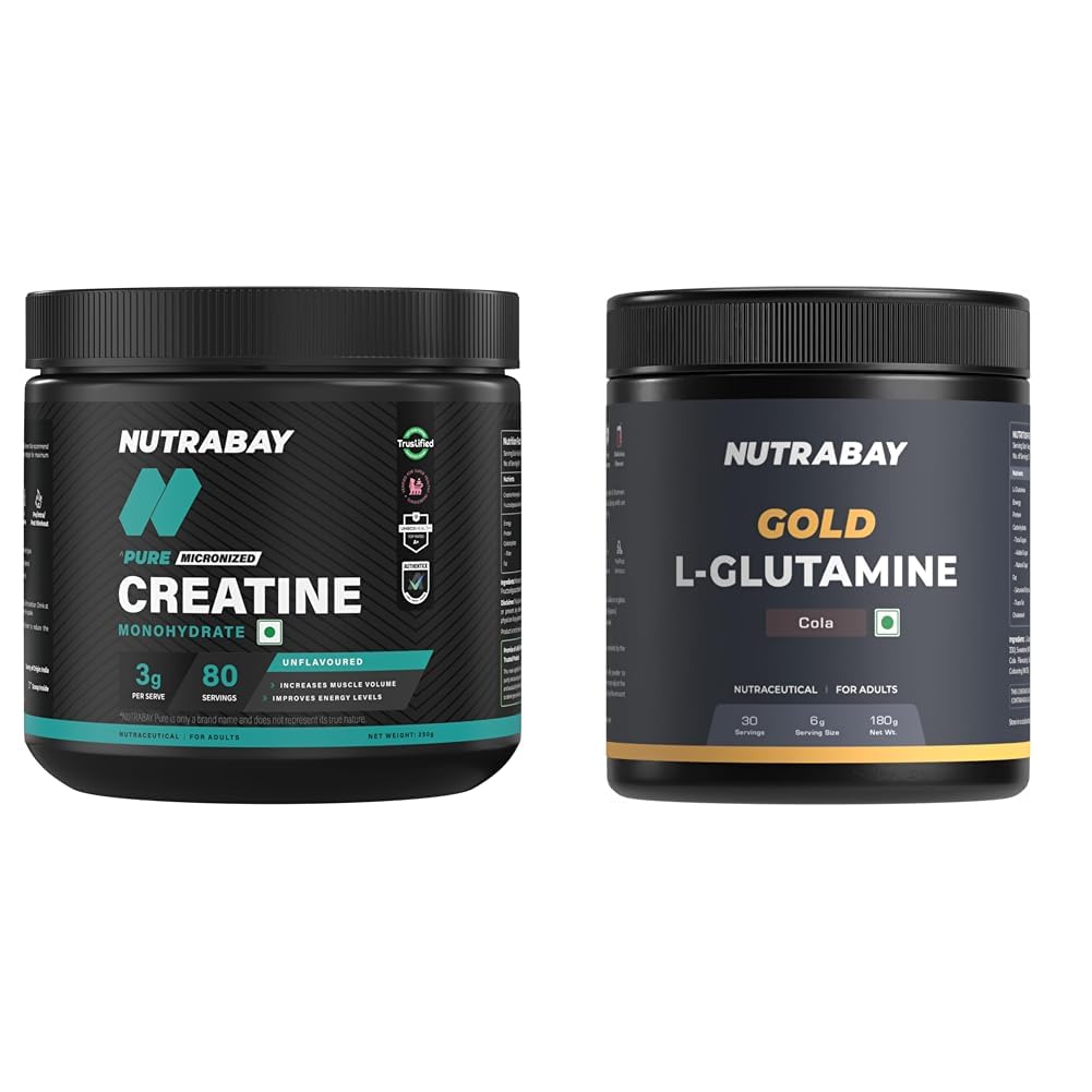 Nutrabay Pure Series Micronised Creatine Powder Monohydrate, Pre/Post Workout Bodybuilding, Crossf | Nutrabay Gold L-Glutamine Supplement Powder 180g, Cola Flavor – Post Workout Amino Acid for Muscle