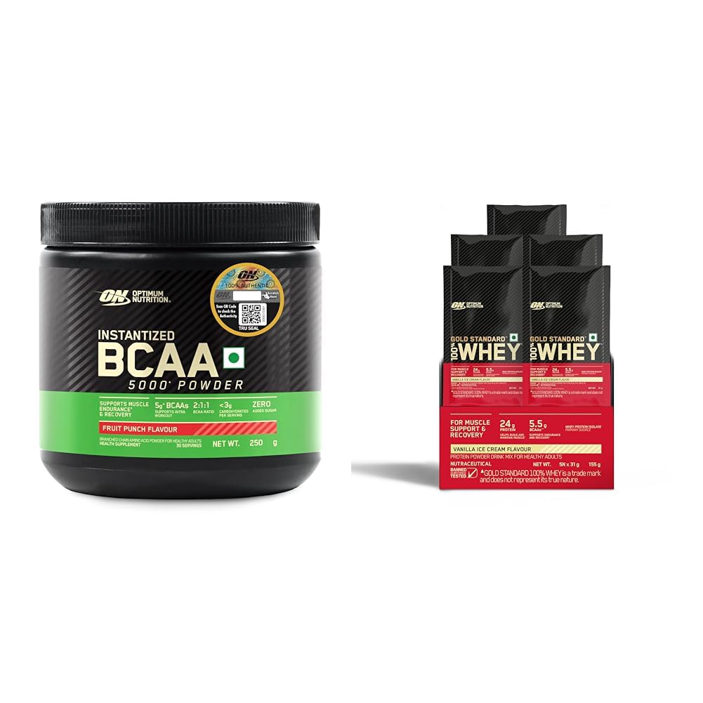 Optimum Nutrition BCAA, 5g BCAAs in 2:1:1 Ratio, 30 servings, For Muscle Recovery & Endurance, Int | Optimum Nutrition (ON) Gold Standard 100% Whey Protein - 5 X 31 g (Vanilla Ice Cream) Single Serve