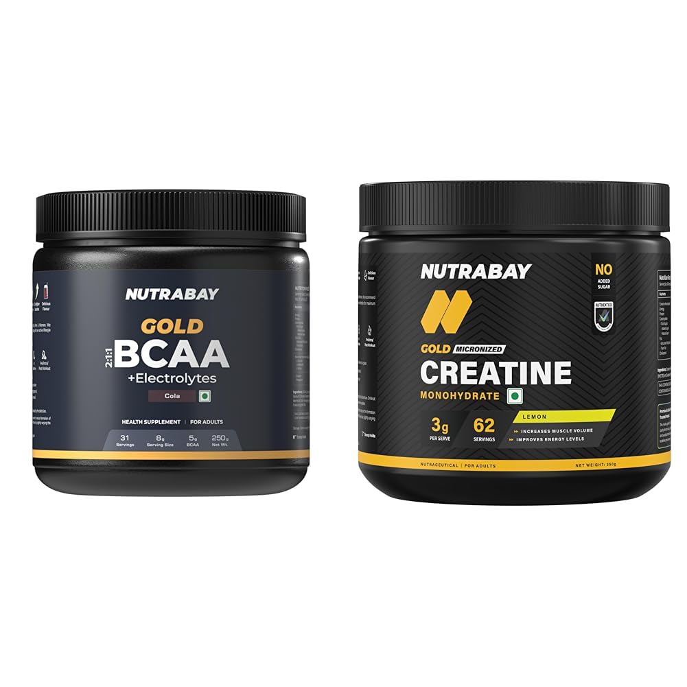 Nutrabay Gold BCAA 2:1:1 with Electrolytes 5000 mg Vegan BCAAs per Serving – Pre/Post Workout Ener | Nutrabay Gold Micronised Creatine Monohydrate Powder 3000 mg Creatine per Serving, NABL Lab Tested