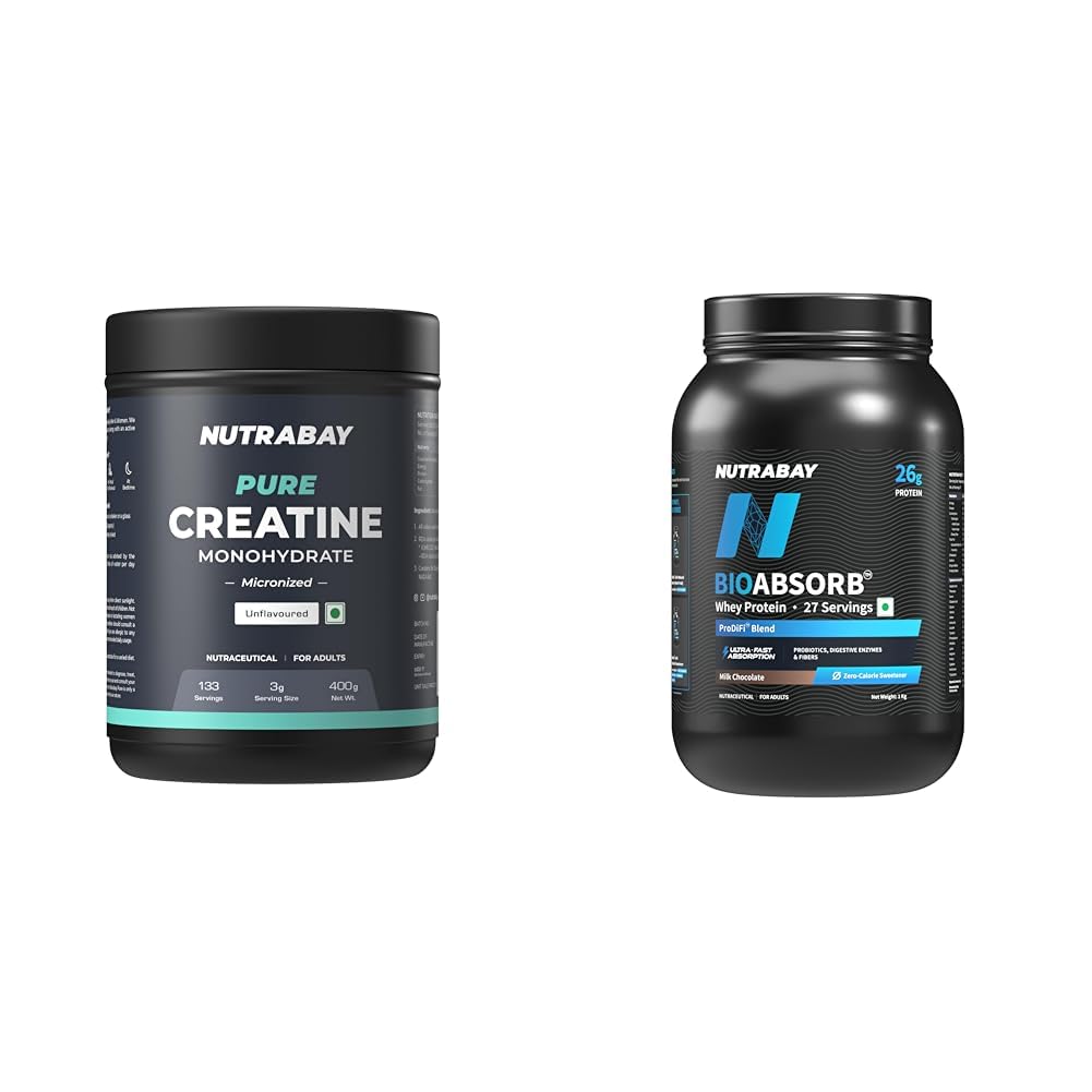Nutrabay Pure Micronised Creatine Monohydrate Powder – 400g, Unflavoured With BioAbsorb™ Whey Protein Powder - 1kg, Milk Chocolate | India's First Protein with ProDiFi™ Blend