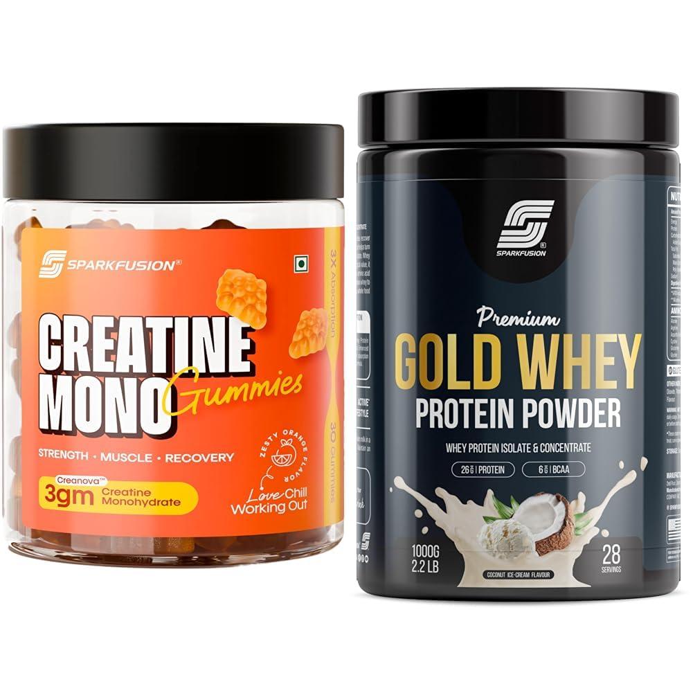 Sparkfusion Creatine Mono Gummies Lab-Tested Creanova® | 30 Gummies | 3g Creatine Monohydrate per | Sparkfusion Premium Gold Whey Protein Isolate | 26g Protein,6g BCAA per Serving | Easy Mixing, Low