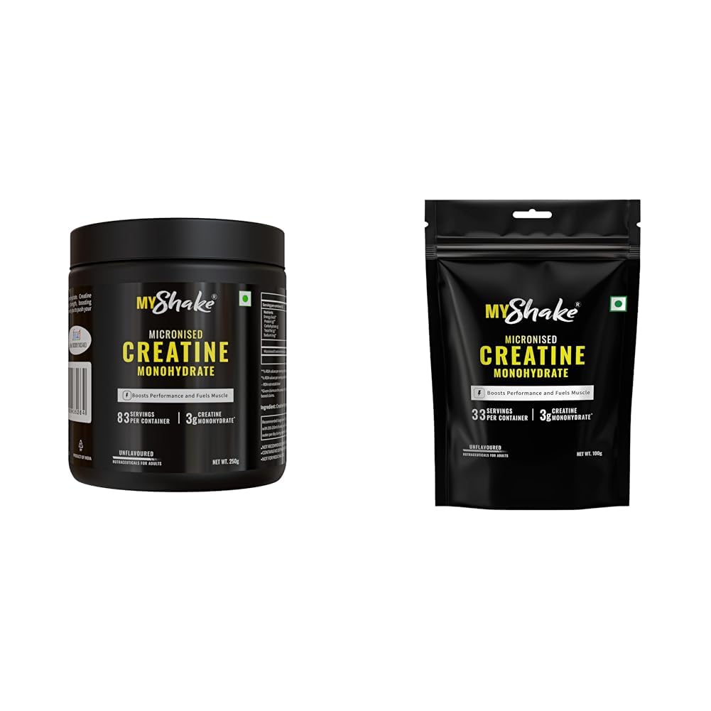 MyShake Micronised Creatine Powder - 250gm (83 Servings) | 3g Creatine Monohydrate Per Serve | Rap | MyShake Micronised Creatine Powder - 100gm (33 Servings) | 3g Creatine Monohydrate Per Serve | Rap