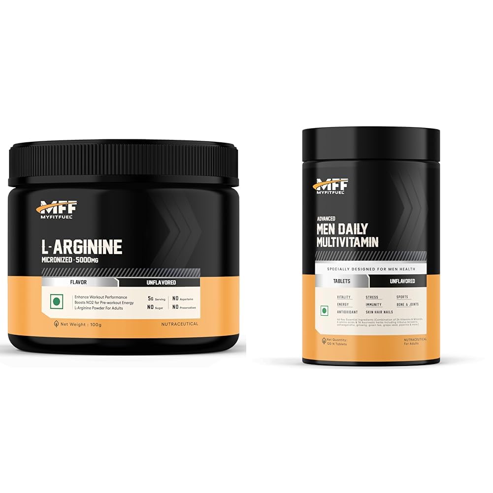 MyFitFuel L-Arginine 100 gm (0.22 lbs) Unflavoured | MyFitFuel Advance Men Daily Multivitamin (26 Vitamins, Minerals, Herbs, Extracts & Piperine 95%),