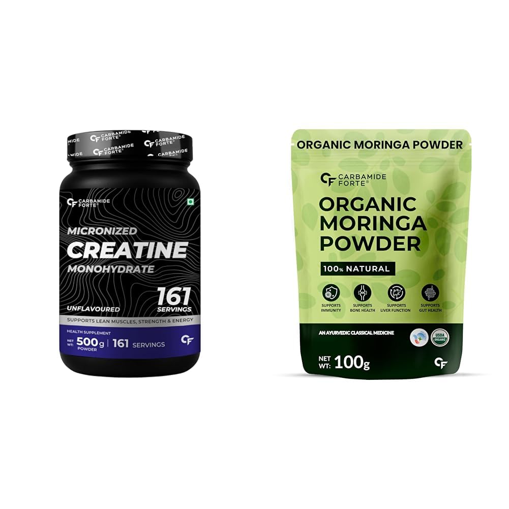 Carbamide Forte Creatine Mono hydrate Powder - Unflavoured - 500g & 100% Moringa Powder Organic 100g