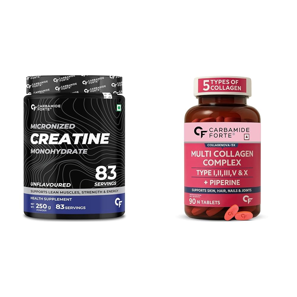 Carbamide Forte Creatine Mono Hydrate Powder For Lean Muscle Volumization & Multi Collagen Supplements With 5 Types of Collagen | 83 Serving Unflavoured Powder + 90 Tablets