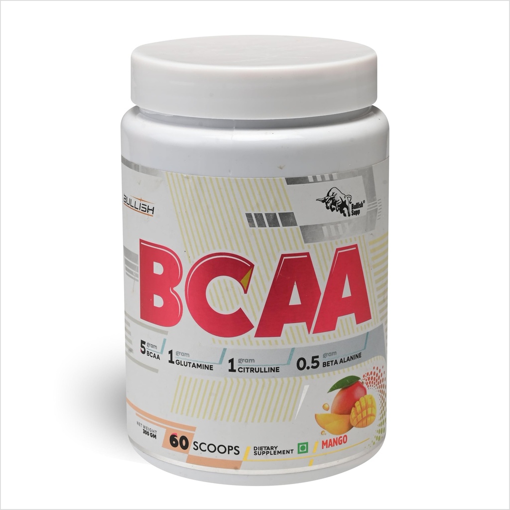 Bullish BCAA Powder with Glutamine and Beta Alanine, Mango Flavour, 300g, 60 Scoops