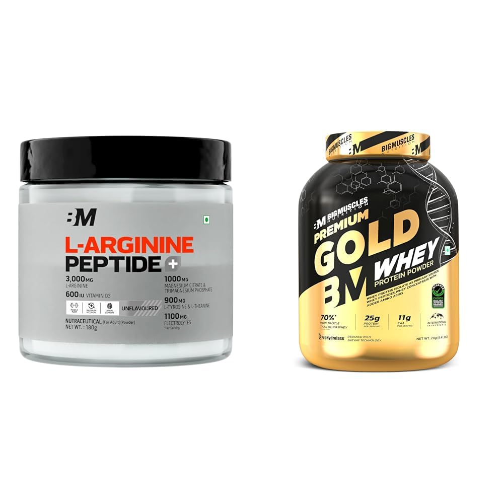 Bigmuscles Nutrition L-Arginine + Peptides [180g, Unflavoured] | Arginine Powder with Superior Gra | Bigmuscles Nutrition Premium Gold Whey [2Kilogram] | Informed Choice UK Certified | Isolate Whey P