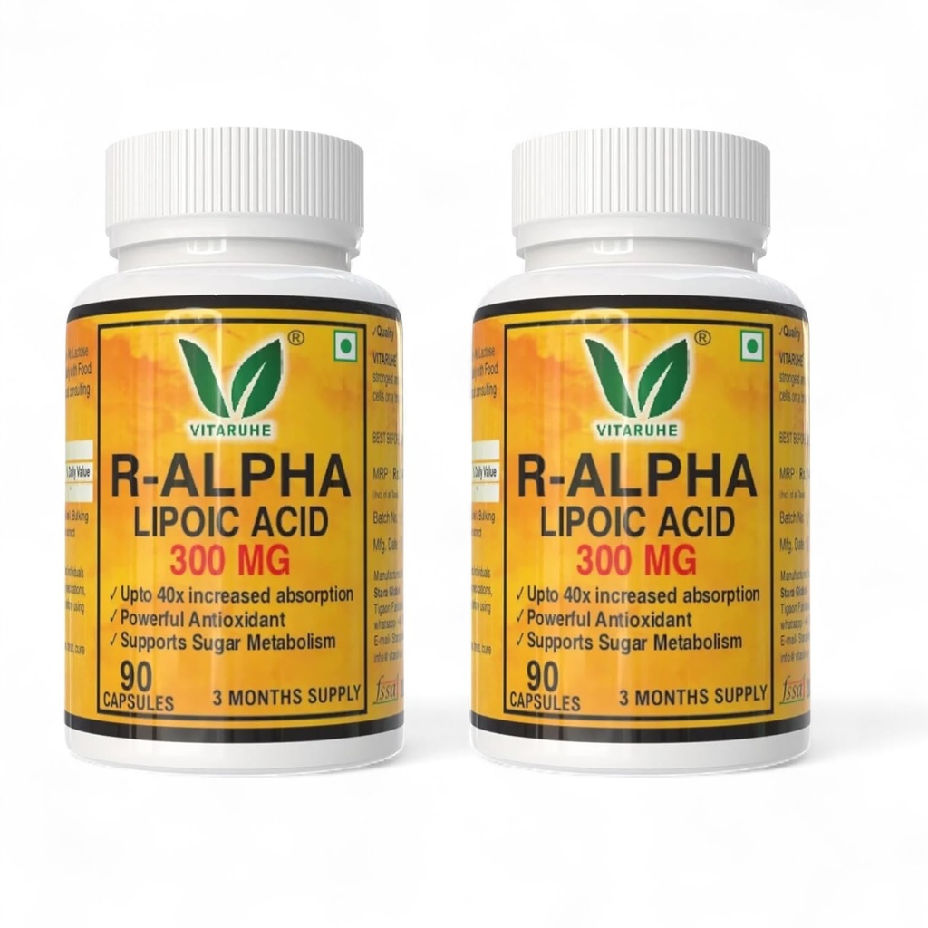 VITARUHE® R-Alpha Lipoic Acid (Combo of 2), high Dosage, 300 Mg Per Capsule, Vegan, 6 Month Treatment, Natural Form Of Thioctic Acid, Quality Product, Bioactive dietary supplement without unnecessary additives