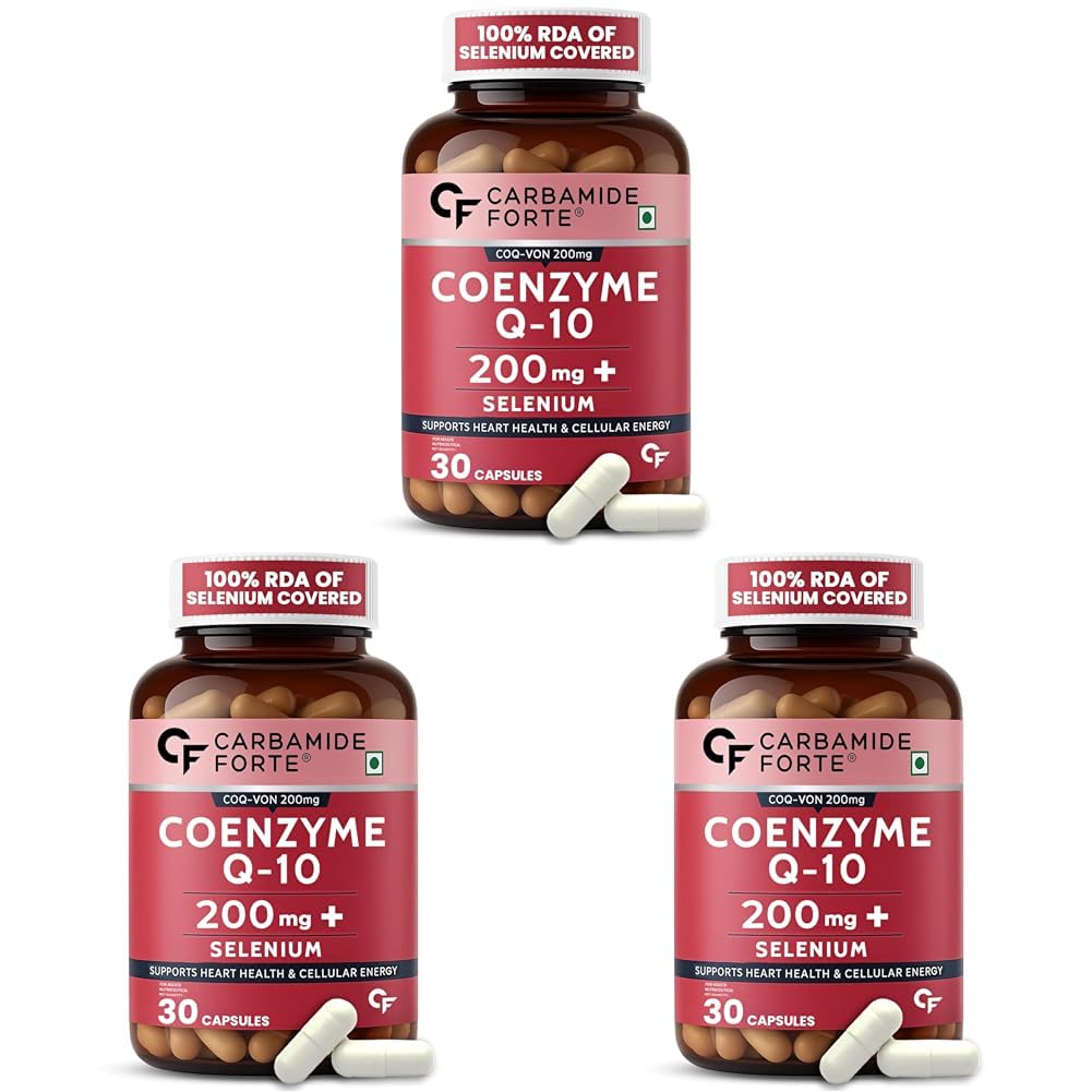 Carbamide Forte Coenzyme Q10 | CoQ10 Supplement 200mg with Selenium 40mcg | Coq10 Ubiquinol Supports Heart Function, Energy Production & Skin Health | 100% Vegetarian – 30 Capsules (Pack of 3)