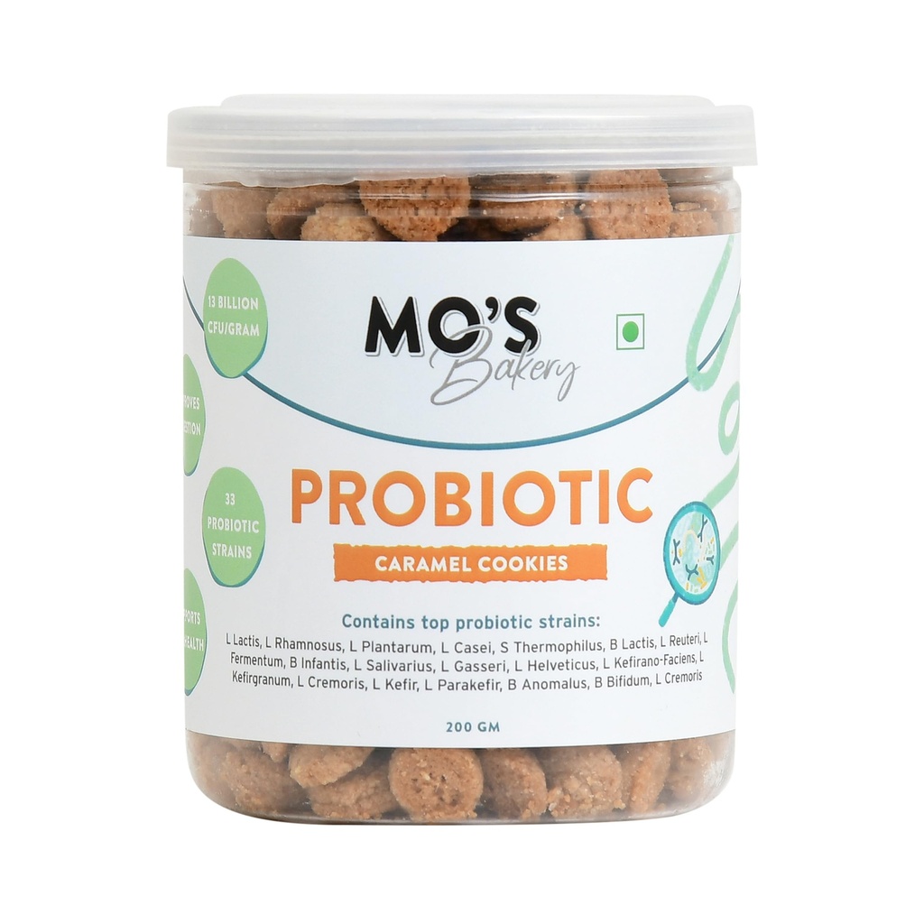 Mo's Probiotic Cookies, 200 G | Caramel Digestive Cookies | Probiotic Supplement With 13 Billion CFU | 33 Probiotic Strains | Improve Digestion & Gut Health | Acidity Relief