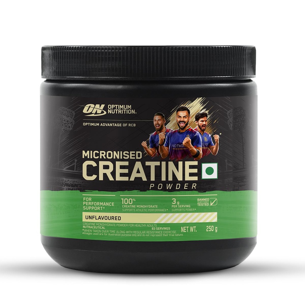 RCB Limited Edition Optimum Nutrition (ON) Micronized Creatine Powder – 250 g, 83 Serves, 3g of 100% Creatine Monohydrate per serve, Supports Athletic Performance & Power, Unflavored.