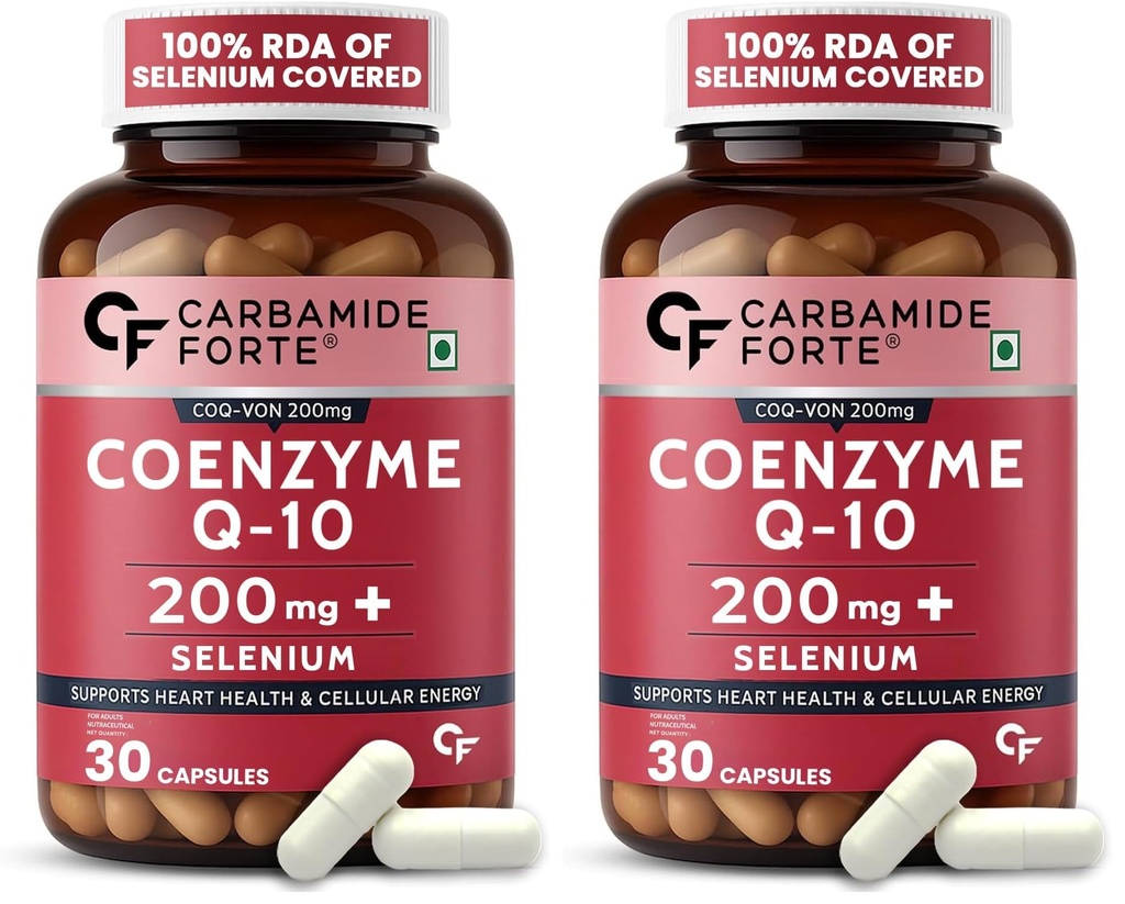 Carbamide Forte Coenzyme Q10 | CoQ10 Supplement 200mg with Selenium 40mcg | Coq10 Ubiquinol Supports Heart Function, Energy Production & Skin Health | 100% Vegetarian – 30 Capsules (Pack of 2)