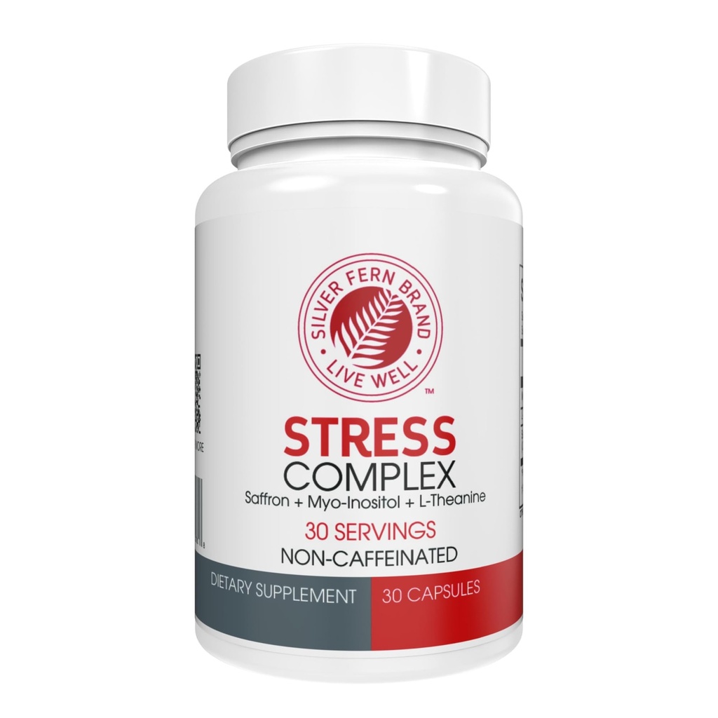 Silver Fern Stress Complex Supplement - Without Caffeine - Sleep, Worry, Mood & More - with Saffron Supplements, L-Theanine Supplement, & Myo-inositol - Natural Stress Relief Supplement (Pack of 1)