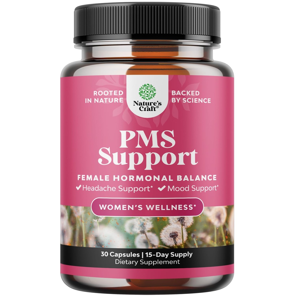PMS Support Supplement for Women – Hormone Balance for Women & Menstrual Ease with DIM, Chasteberry, Black Cohosh & Ashwagandha - for Period Cramps Ease, Menopause Bloating, Mood Swing – 30 Ct