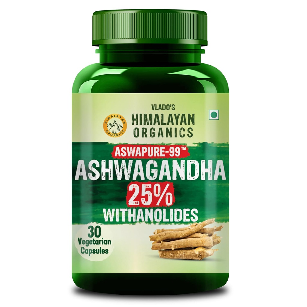 Vlado's Himalayan Organics Ashwagandha -25 % Withanolides with Maximum High Potency - 600MG - Highly Concentrated & Third-Party Lab Tested - Ayurvedic Supplement - Focus, Mood Support, Increase Energy, Strength - Enhanced Mood & Performance I 1st in India - 30 Capsules