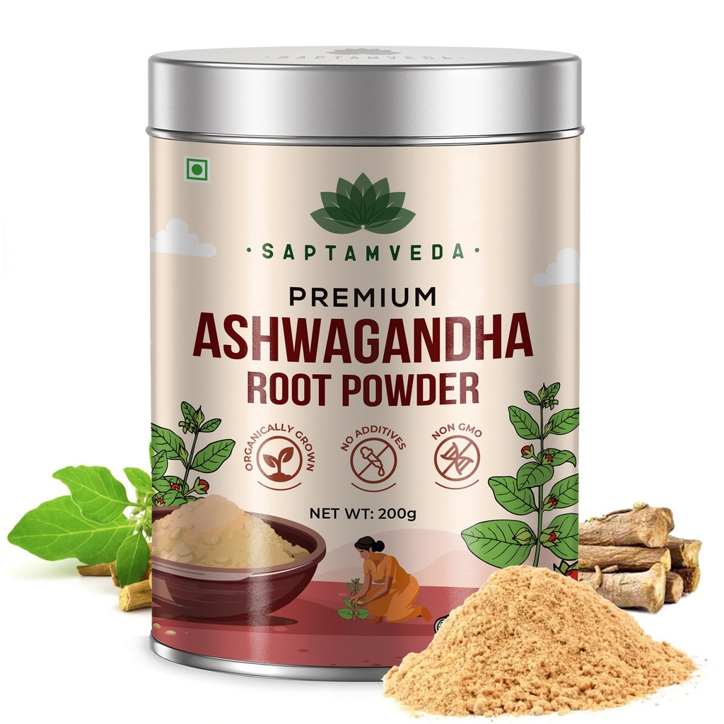 SAPTAMVEDA Premium Organic Ashwagandha Powder 200gm Tin | Withania Somnifera | For Men And Women