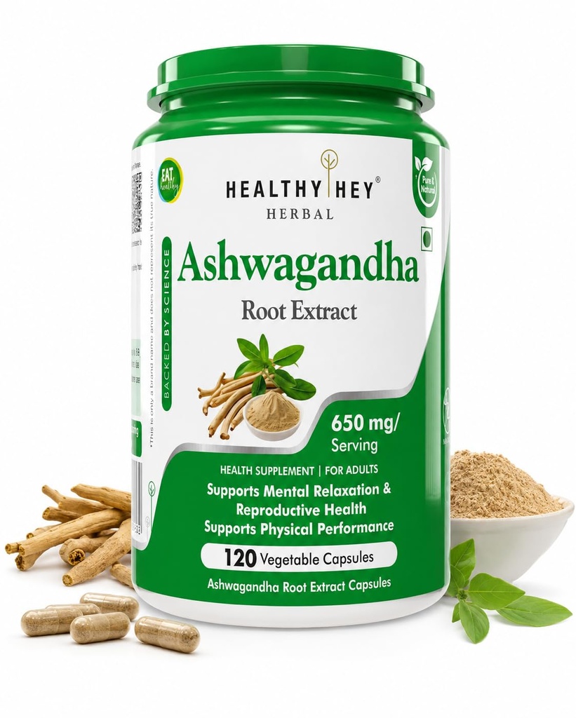 HealthyHey Herbal Ashwagandha root extract - 650 mg per serving - 120 vegetable capsules