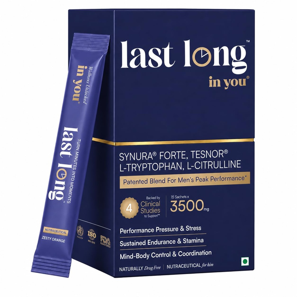 Last Long™ in you | Patented Ingredients for Men's Peak Performance Nutrition | Synura Forte® + Tesnor® + L-Tryptophan (5-HTP) + L-Citrulline | Stress Response, Stamina, Daily Confidence & Endurance
