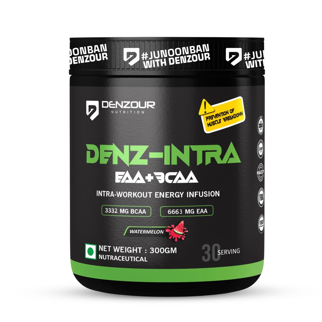 DENZOUR NUTRITION Denz Intra Workout | 3300mg BCAA + 6600mg EAA | Muscle Pump & Energy Formula | For Men & Women | Watermelon Flavour | 300g | 30 Servings | During Workout Supplement
