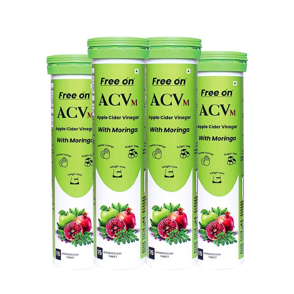 Free On ACV Moringa Effervescent Tablets, 60 Tablets Pack of 4, Green Apple