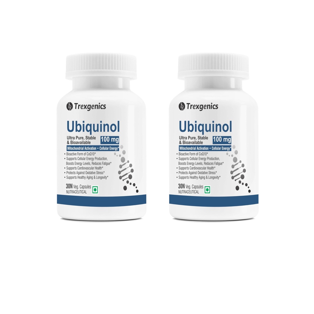 Trexgenics UBIQUINOL 100 mg, Ultra Pure, Stable, Bioavailable, Mitochondrial Function, Cellular Energy, Longevity, Antioxidant (30x2=60 Veg Capsules)