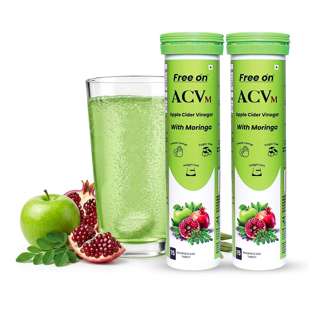 Free On ACV Moringa Effervescent Tablets, 30 Tablets Pack of 2, Green Apple