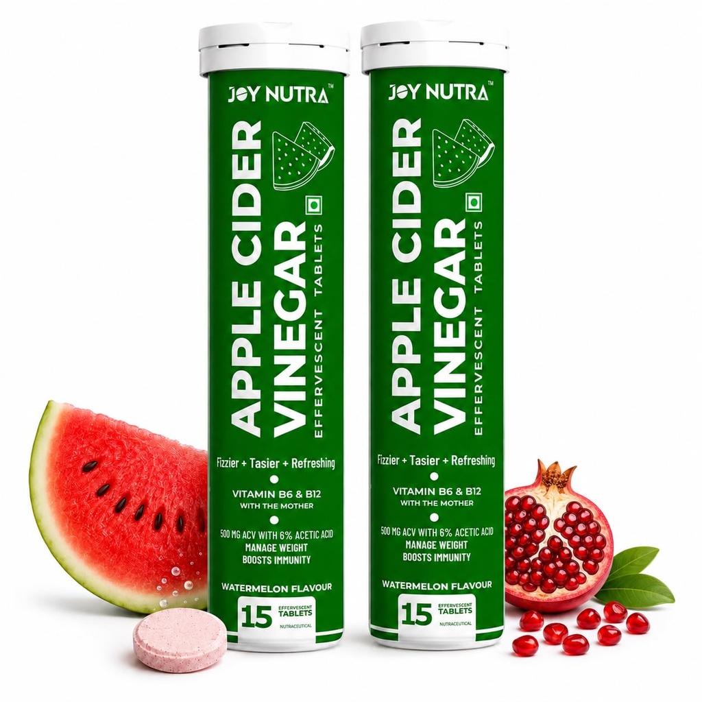 Apple Cider Vinegar Effervescent Tablet with Mother With Watermelon Flavour | Supports Metabolism & Control Cravings | With 500mg ACV, Vit B6 & B12 | No Added Sugar | (Pack Of 2)