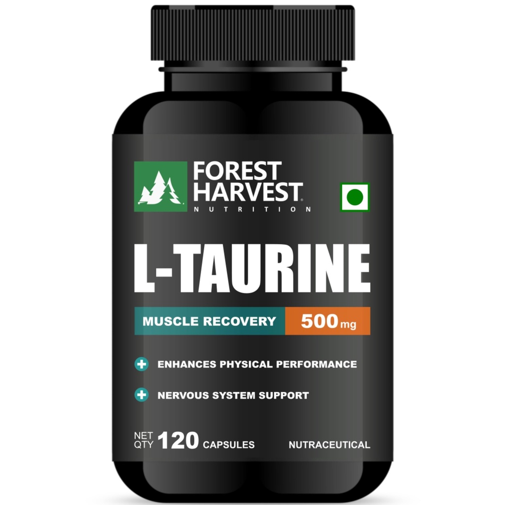 L-Taurine Capsules | 500 mg Per Serving | Energy, Heart & Cognitive Function Support | 120 Veg Capsules | WHO-GMP, HACCP & ISO Certified