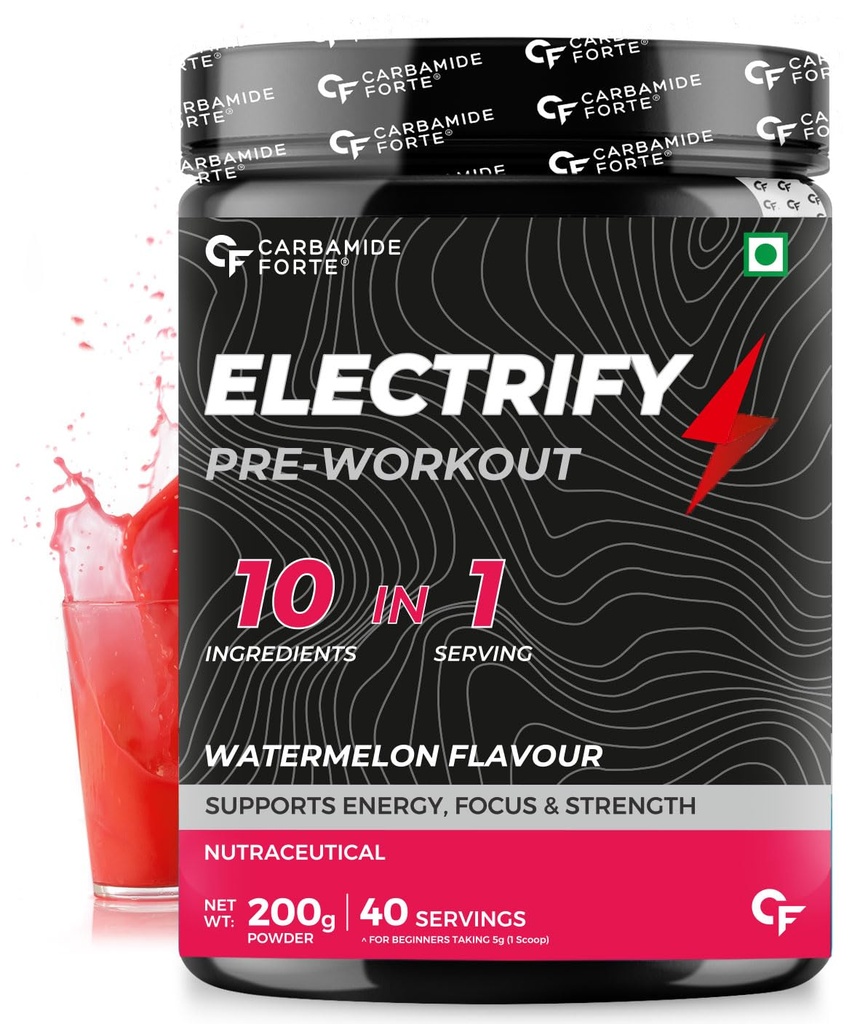 Carbamide Forte Pre Workout For Men & Women | Electrify Pre Workout Focus Supplement For Men & Women For Energy & Strength | Pre-Workout Supplements For Gym | Watermelon Flavor - 200g