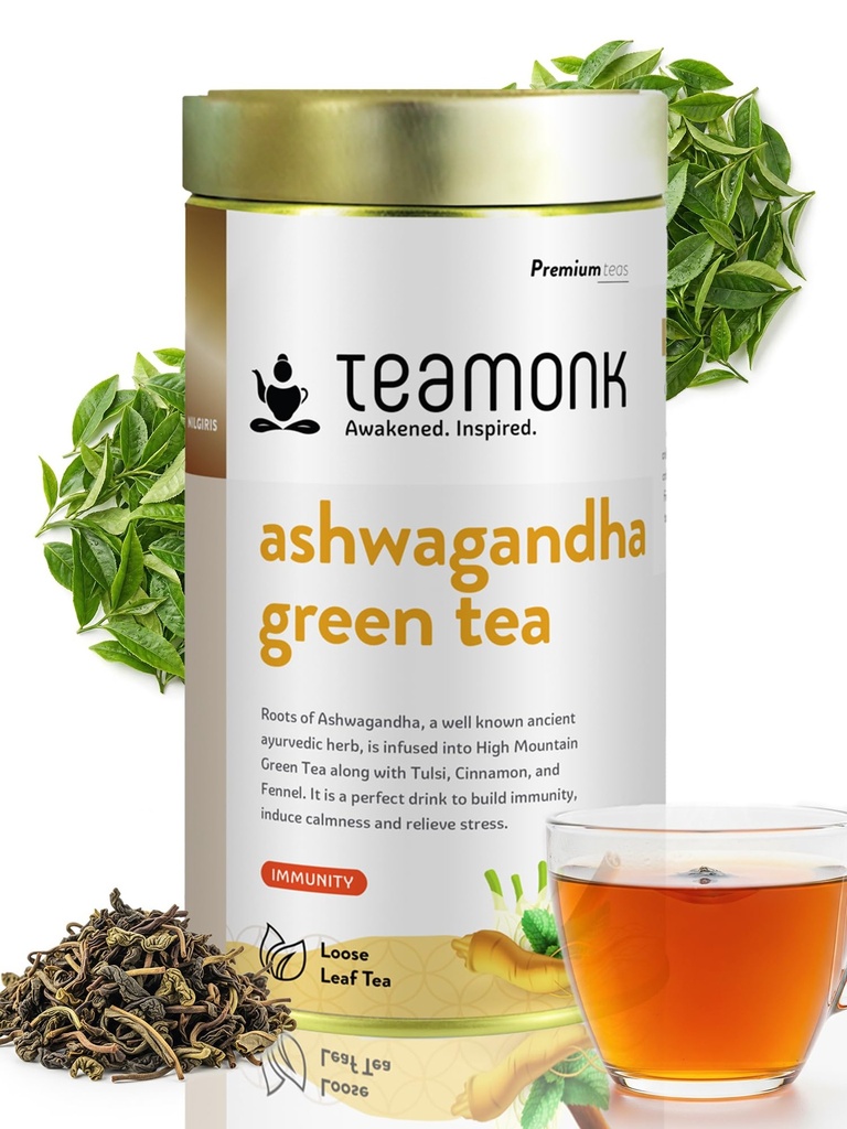 Teamonk High Mountain Ashwagandha Green Tea Whole Leaf (100 Cups) - 200 g. Tea for Anxiety and Stress Relief. Known to Boost Memory
