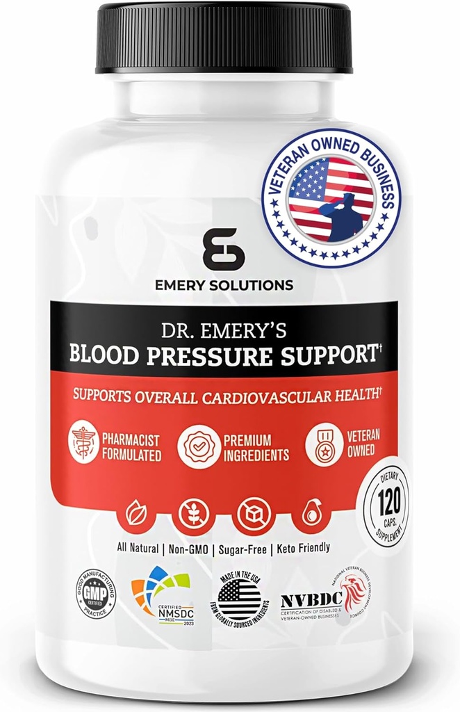 Dr Emery's Blood Pressure Support Supplement with Magnesium, Zinc, Vitamin D3, & Potassium, Vegan-Approved, Sugar-Free, Formulated by Clinical Pharmacist, 120 Capsules, 30 Day Supply