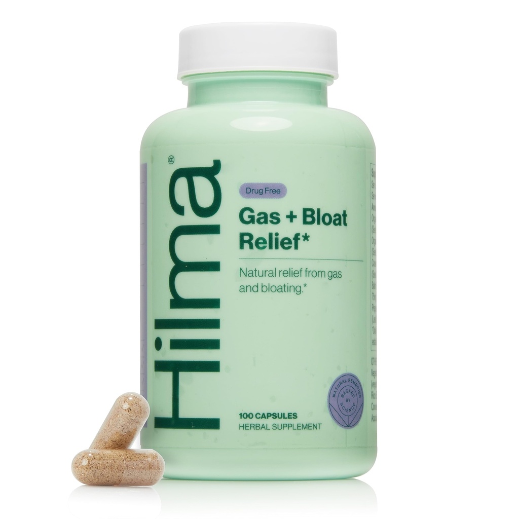 Hilma Natural Gas and Bloating Relief with Lemon Balm, Fennel & Peppermint Leaf, Doctor Formulated with Organic Ingredients, 100 Vegan Capsules