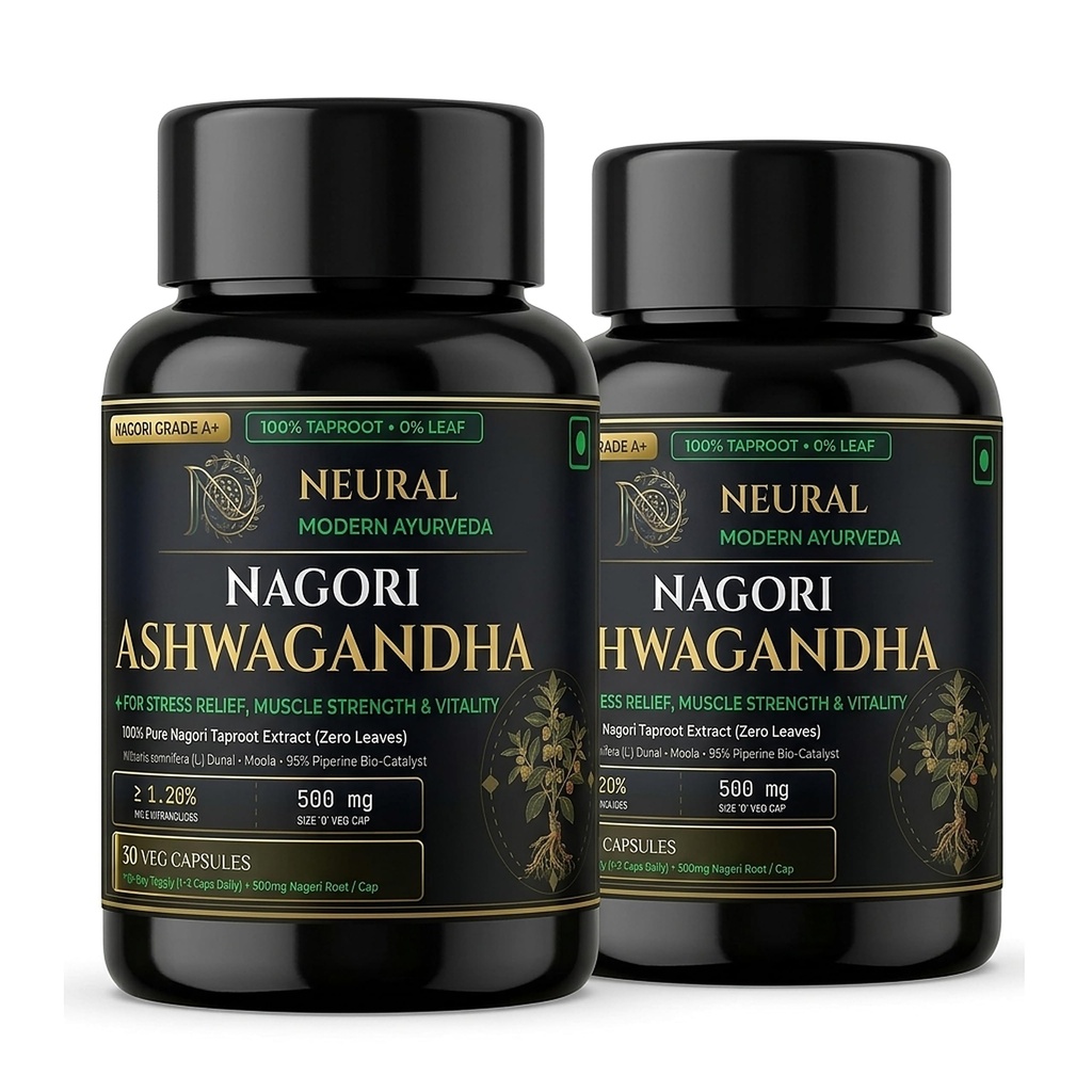 Ashwagandha 500mg Root Extract Capsules (Pack of 2, 60 Veg Caps) | Pure Nagori Taproot with Piperine | Natural Stress Relief, Deep Sleep Support & Energy Booster