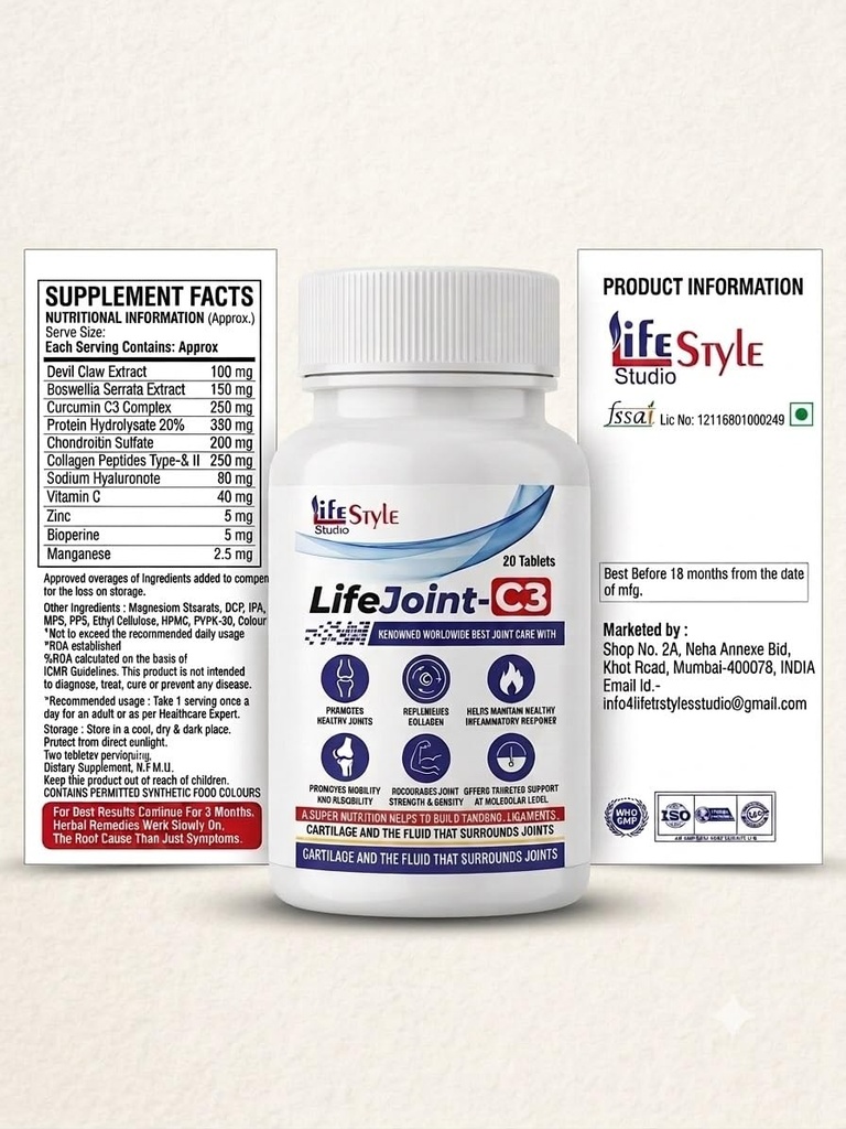 LifeJoint C3 Joint Support Tablets | Collagen Peptides, Curcumin C3 Complex, Boswellia Serrata, Chondroitin, Sodium Hyaluronate, Vitamin C & Zinc | 20 Tablets (Pack of 1)