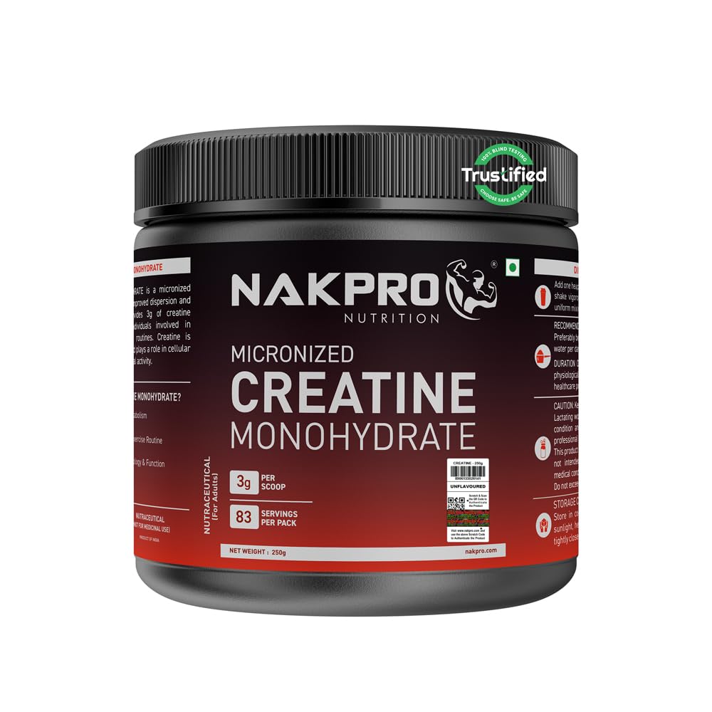 NAKPRO NUTRITION Micronised Creatine Monohydrate | 250g Jar | Unflavoured | 3g Creatine/Per Serving | Trustified Certified | Rapid Absorption Pre/Post Workout