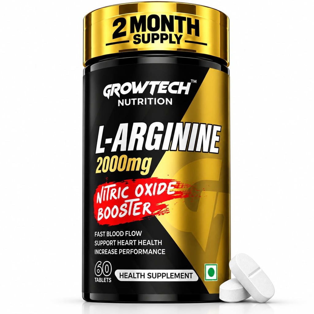 Growtech Nutrition L-Arginine 2000mg Per Tablet| Pre-Workout Supplement to Produce Nitric Oxide in Body| Increase Muscle Size- Veins Popout & Increase Power| Safe & Natural| 60 Vegan Tablets