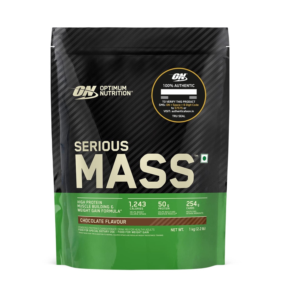 Optimum Nutrition (ON) Serious Mass High Protein High Calorie Weight Gainer Powder - 1 kg (Chocolate) with Vitamins and Minerals, Suitable for Vegetarians