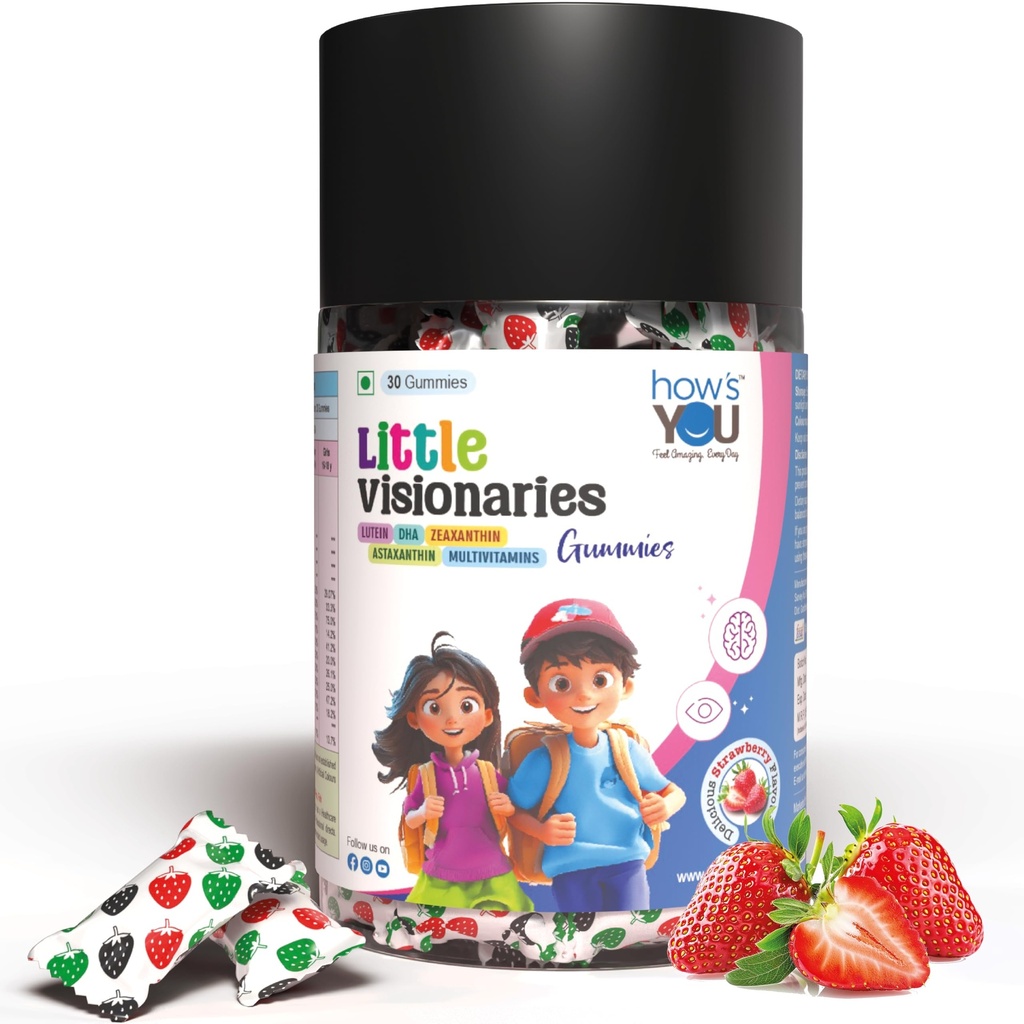 Little Visionaries | Eye + Brain + Daily Nutrition for (2-15 Years) Kids | Lutein, DHA, Zeaxanthin, Astaxanthin and Multivitamins | Strawberry Flavour 30 Gummies | 3 in 1 benefits in one gummy