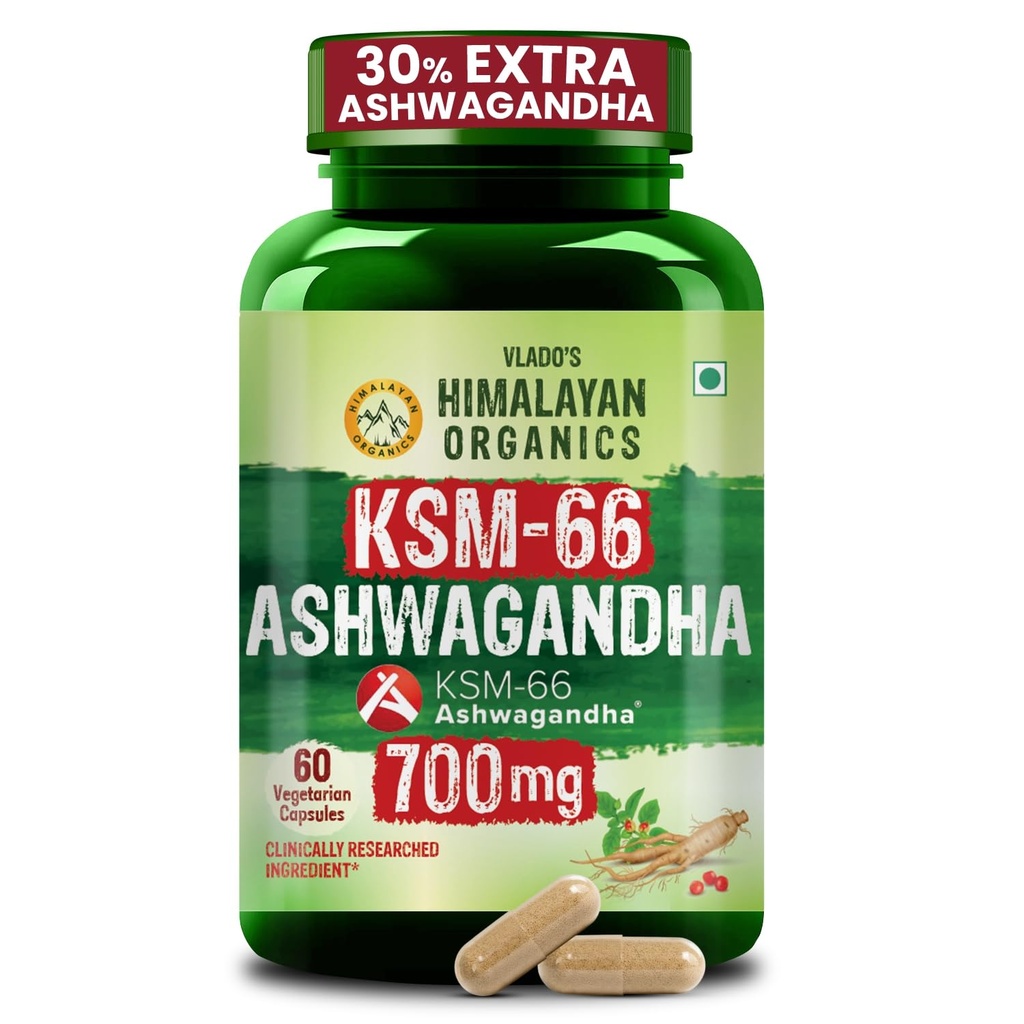 Vlado's Himalayan Organics Ashwagandha KSM-66 - 700 MG | 5% Withanolides for Max Results | Clinically Proven 100% Pure Root Extract | Stress Relief, Energy & Recovery Support |Triple Strength Formula I World’s Strongest Ashwagandha | 60 Capsules