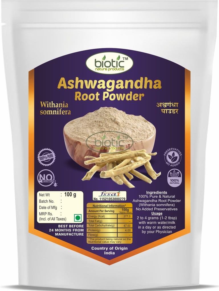 Biotic Organic Ashwagandha Powder 100gm (Withania somnifera) Pure Aswagandha Churna - Ashvagandha Root Powder for Men & Women