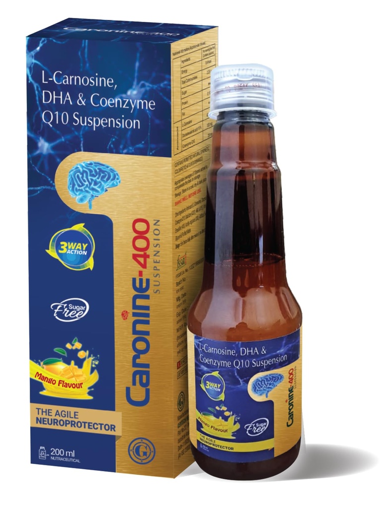 Caronine-400 Syrup L-Carnosine Co-Enzyme Q-10 & DHA (200 Ml Syrup) Sugar Free And Mango Flavored.