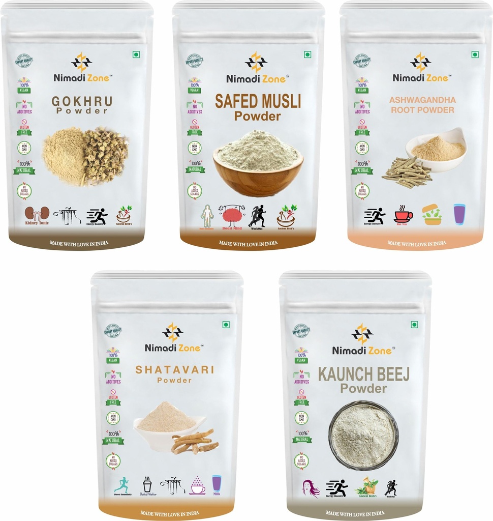 Pack Of 5 Gokhru, Safed Musli Kaunch Ashwagandha and Shatavari (100 GM Each) Super Saver Combo Pack = 500 GM By Nimadi Zone