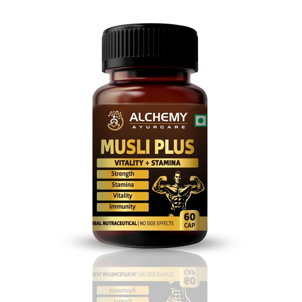 Musli Plus Capsules by Alchemy Ayurcare | Safed Musli, Black Musli, Ashwagandha, Kaunch Beej & Gokshura Blend | Strength, Stamina & Vitality Support | Men & Women | 60 Veg Capsules