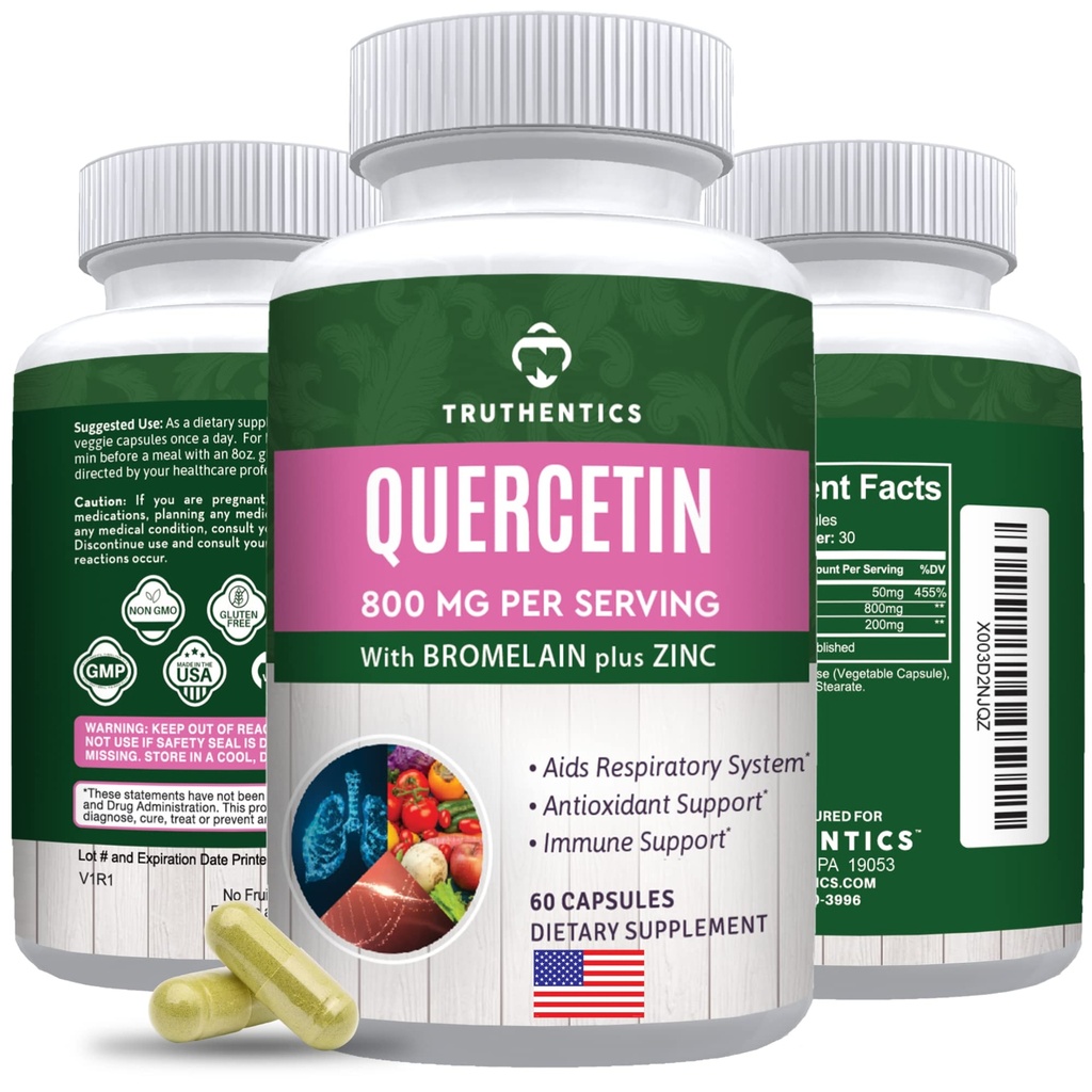 TRUTHENTICS Quercetin with Bromelain and Zinc 1050mg - Premium Zinc Quercetin Supplements for Immune, Respiratory & Seasonal Support - Non-GMO, Gluten Free - 60 Veggie Capsules