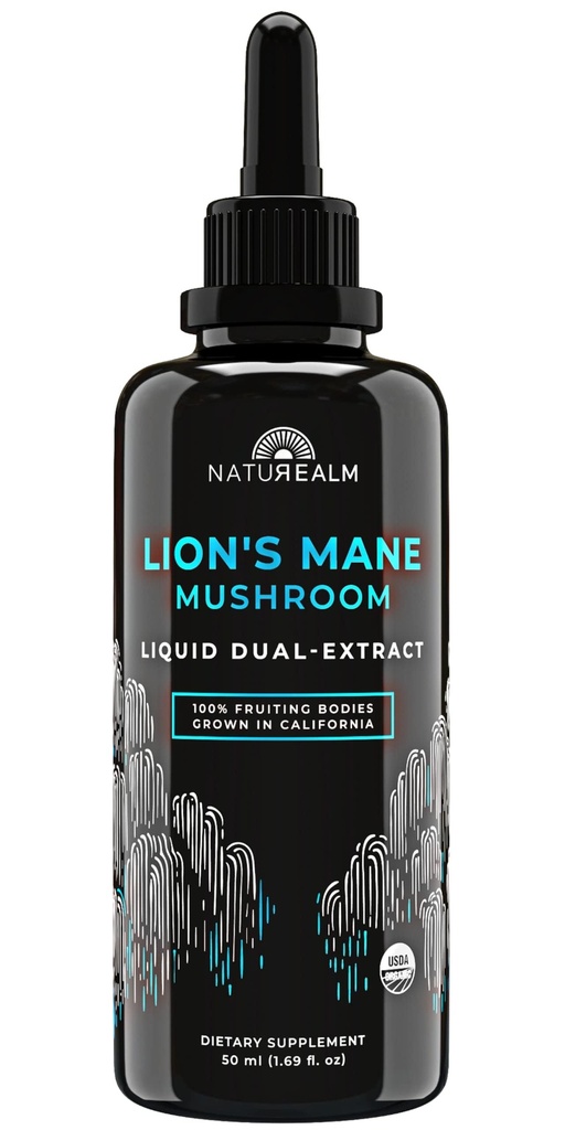 Naturealm Lion’s Mane Mushroom Liquid Tincture Supplement – Focus, Memory & Brain Health, Vegan, Non-GMO – Organic Fruiting Bodies, 1 Month Supply