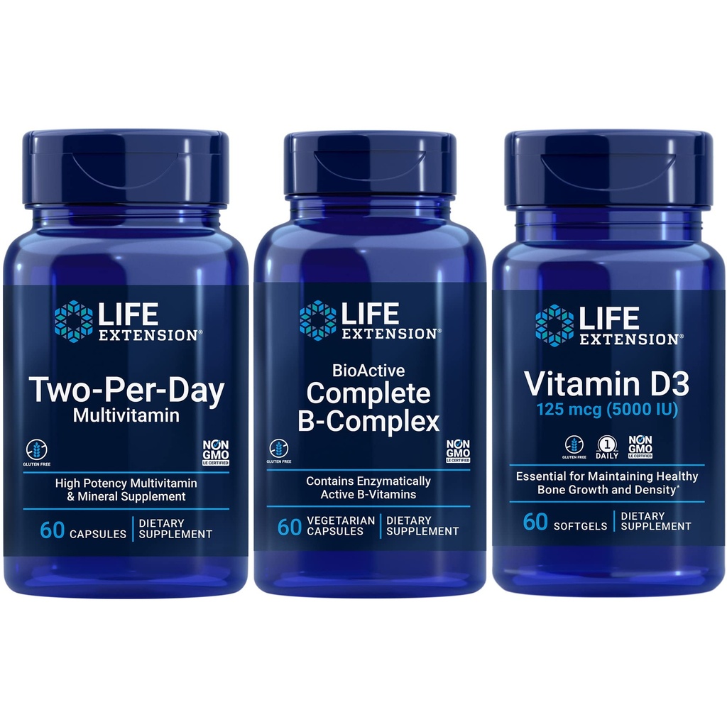 Life Extension Two-Per-Day Multivitamin, 60 capsules | BioActive Complete B-Complex, 60 capsules | Vitamin D3 125 mcg (5000 IU), 60 softgels | Bone & immune health, energy and metabolism support