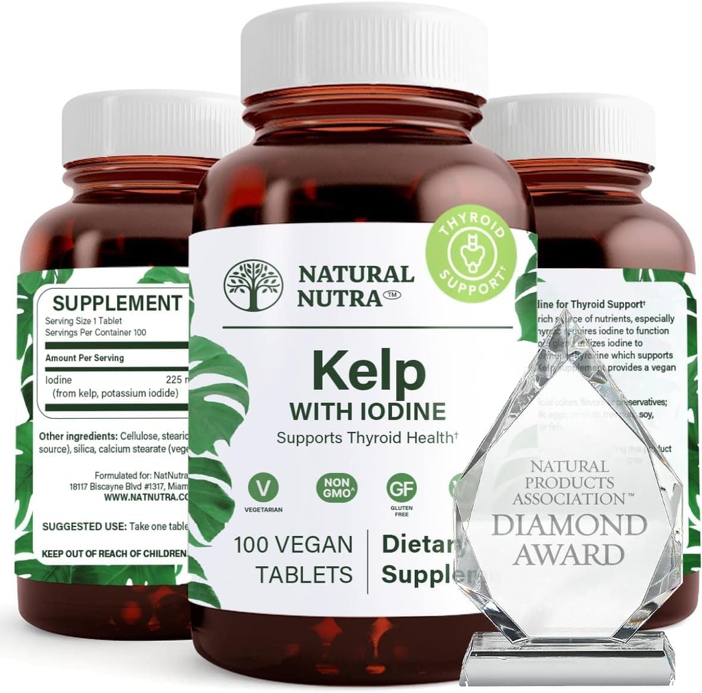Natural Nutra Kelp Iodine with Potassium Iodide - Thyroid Support Supplement - Immune Strength & Metabolism Balance - Vegan Sea Kelp for Wellness - 225 mcg Iodine - 100 Tablets