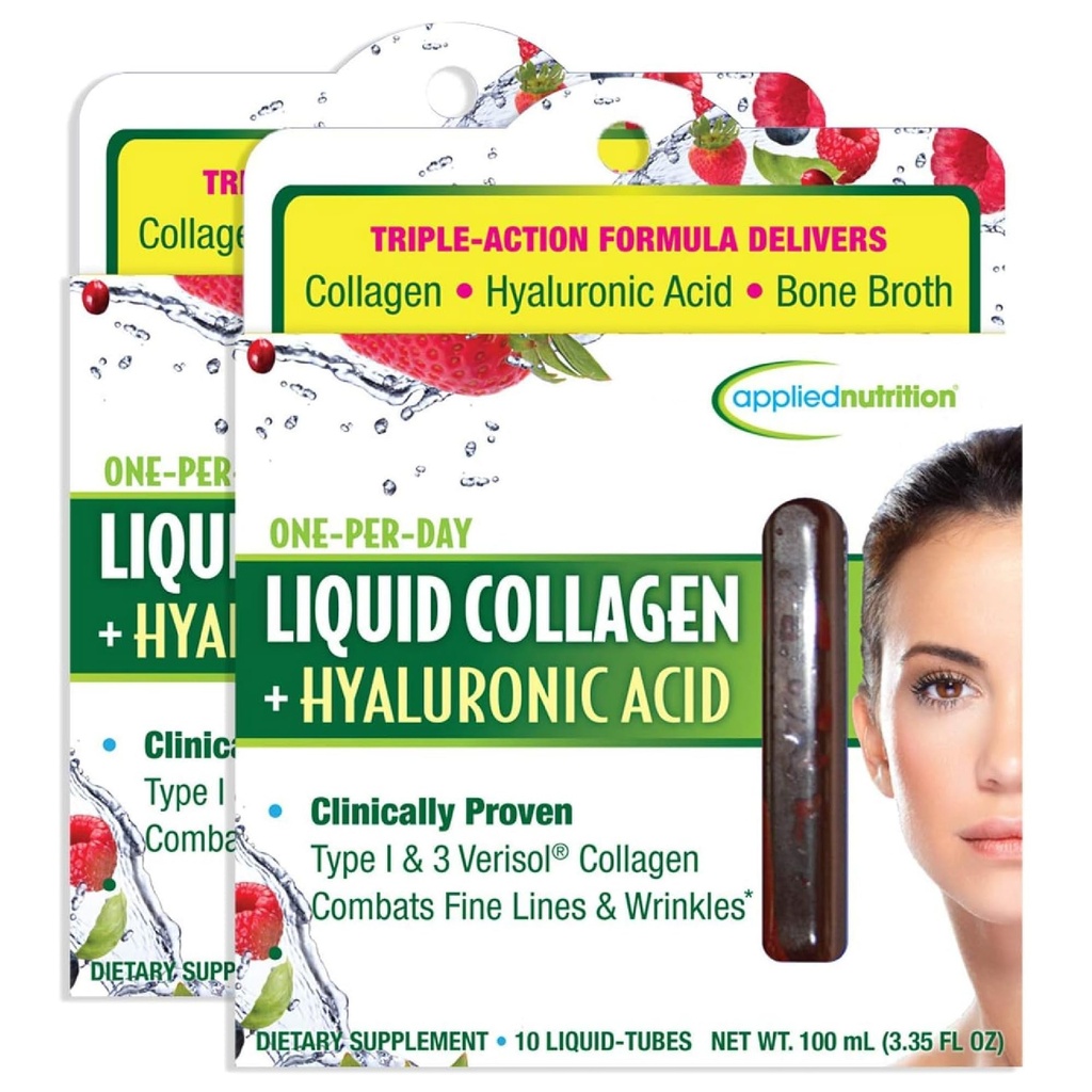 Applied Nutrition Liquid Collagen + Hyaluronic Acid - 10 Liquid Tubes, Pack of 2 - Skin & Nail Restoration - Mixed Berry Flavor - 20 Servings